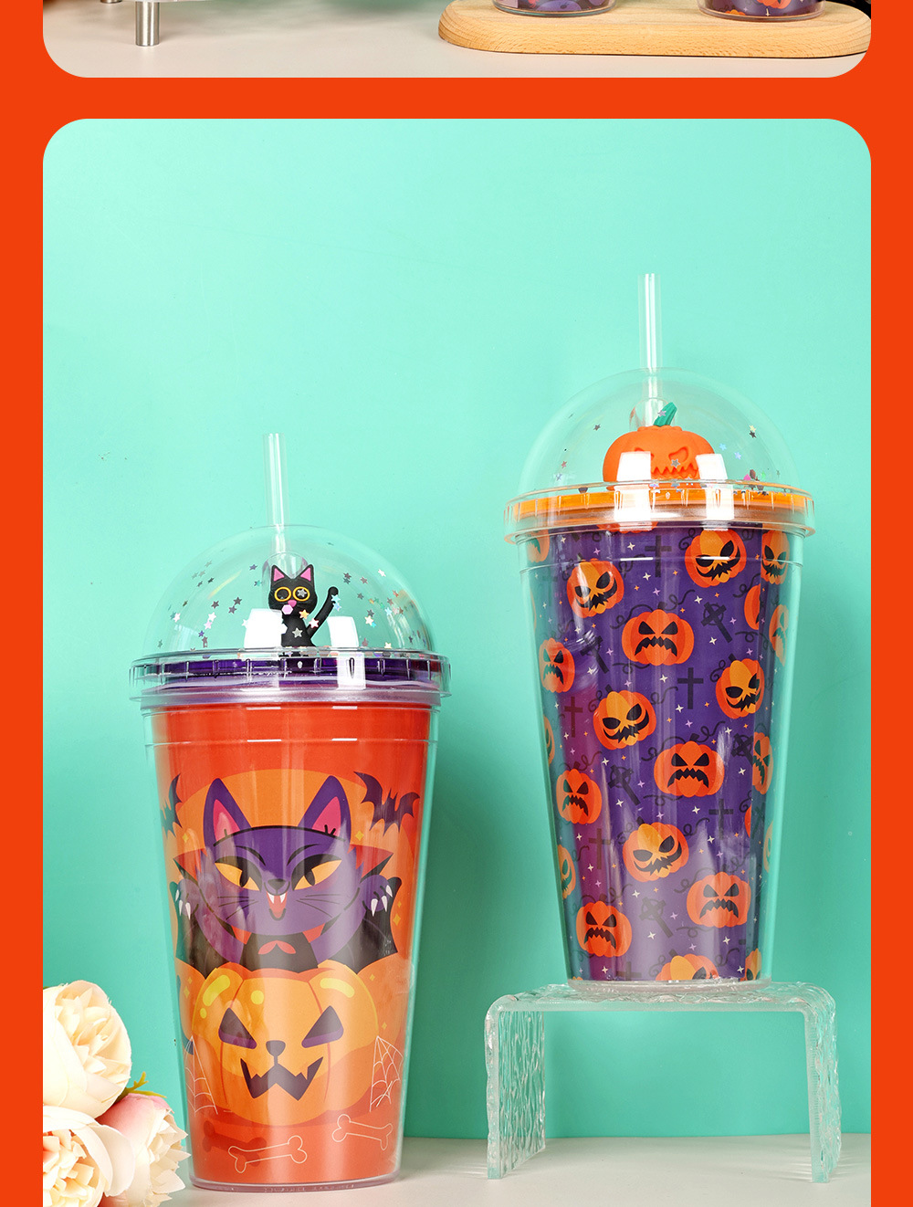 30013 450ml Halloween Micro-Landscape Cartoon Sequin Water Cup Double-layer Plastic Straw Cup Summer Ice Cup pic 16