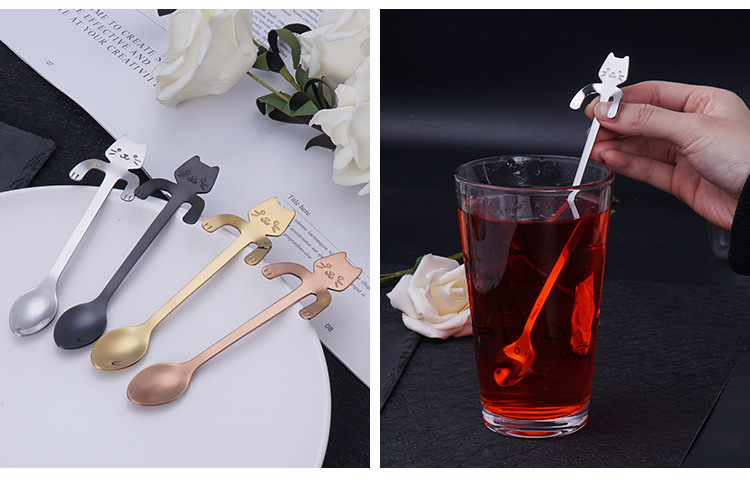 The spoon304 stainless steel coffee spoon cartoon cute cat dessert spoon handle hanging cat poop coffee spoon pic 17
