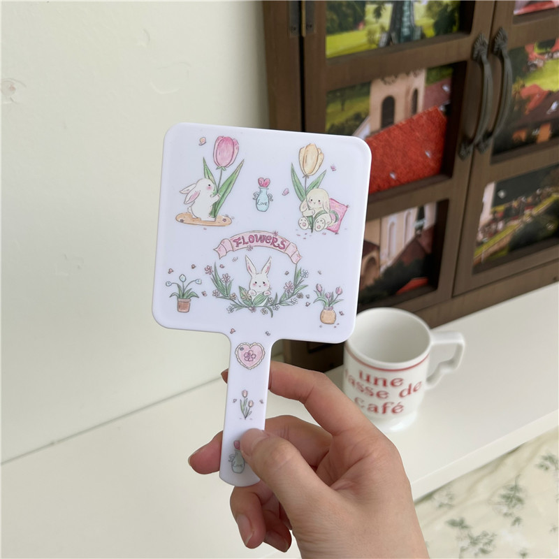 Original design beige tulip rabbit makeup mirror, portable student makeup mirror, high-definition portable mirror, small mirror pic 7