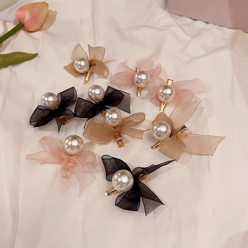 Romantic mesh bow pearl hair clip, sweet and versatile, bangs clip, girlish heart small clip, side clip hair accessory pic 2