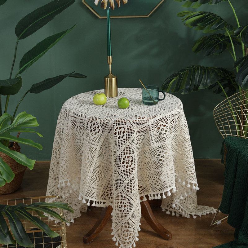 American country-style handcrafted crochet tassel tablecloth with geometric rhombus-shaped hollowed-out decorative fabric as a shooting prop pic 30