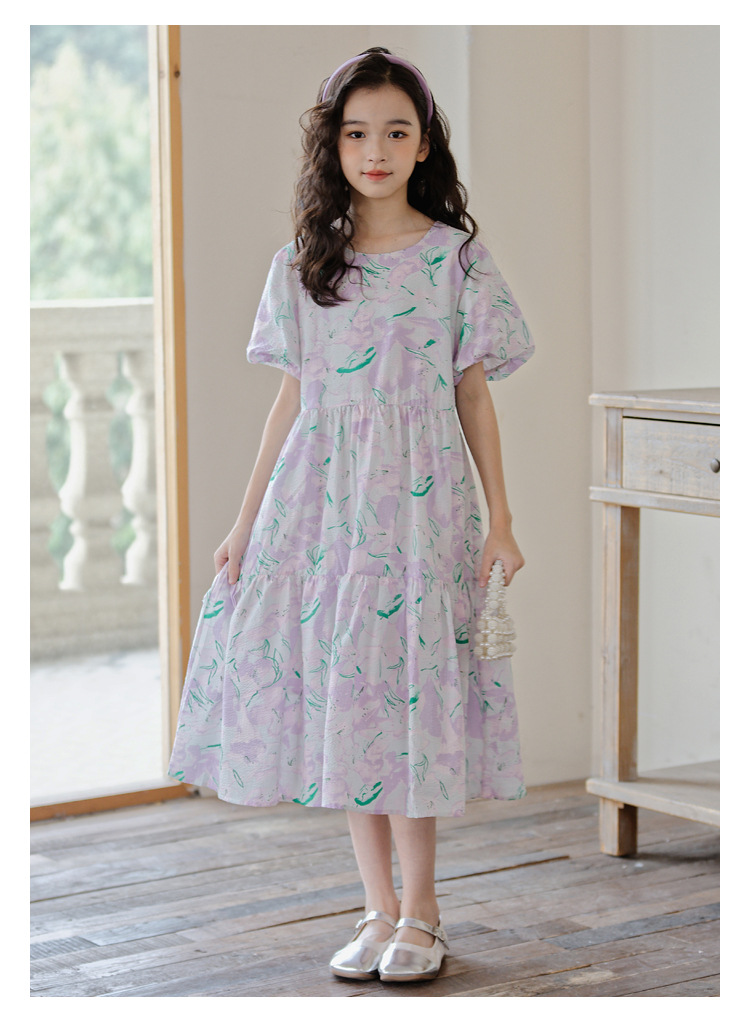 女童连衣裙夏季短袖碎花长裙子2024新款韩版中大童儿童洋气公主裙详情1