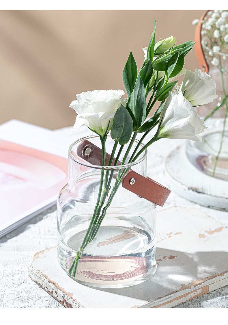 ins风皮革手提玻璃花瓶简约花器家居装饰品收纳摆件烛台水培花瓶详情20