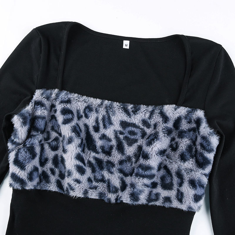 Foreign trade German velvet European and American leopard print sexy patchwork dress for women, thumb button long-sleeved, slimming and body-hugging base dress pic 2