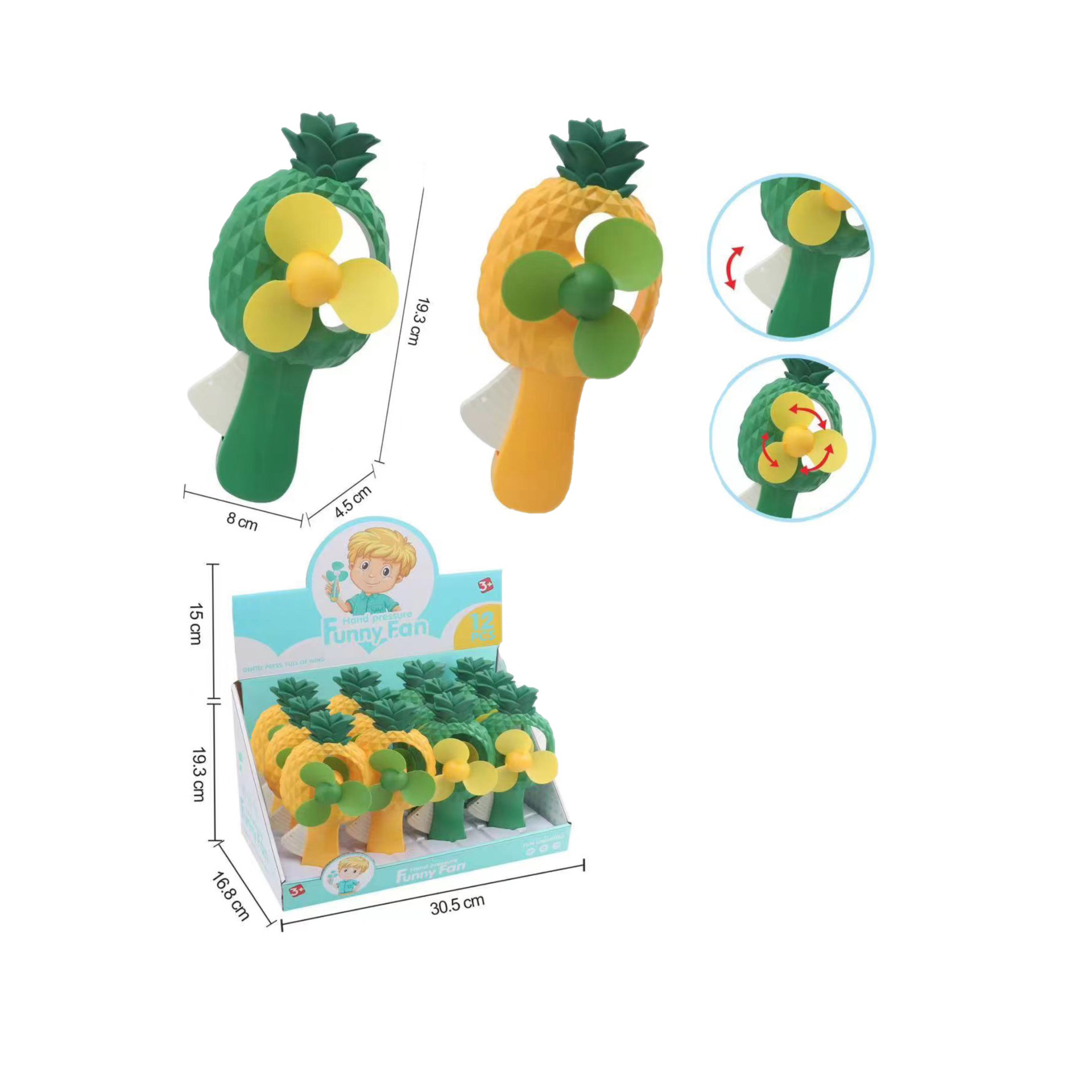 New summer cartoon fruit hand pressure fan, mini hand pressure fan, two-color mixed pineapple hand pressure fan pic 1