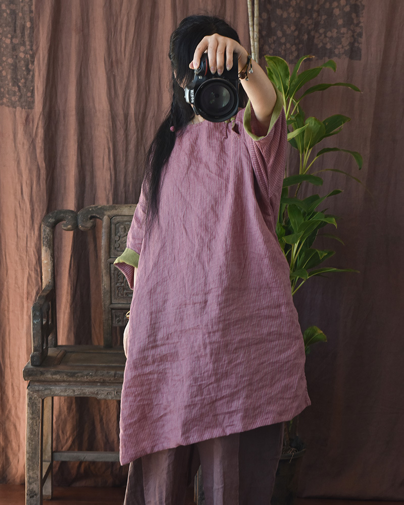 Hyacinth/Original striped contrasting color diagonal lapel hand-sewn button-up retro loose robe patchwork mid-length dress pic 7