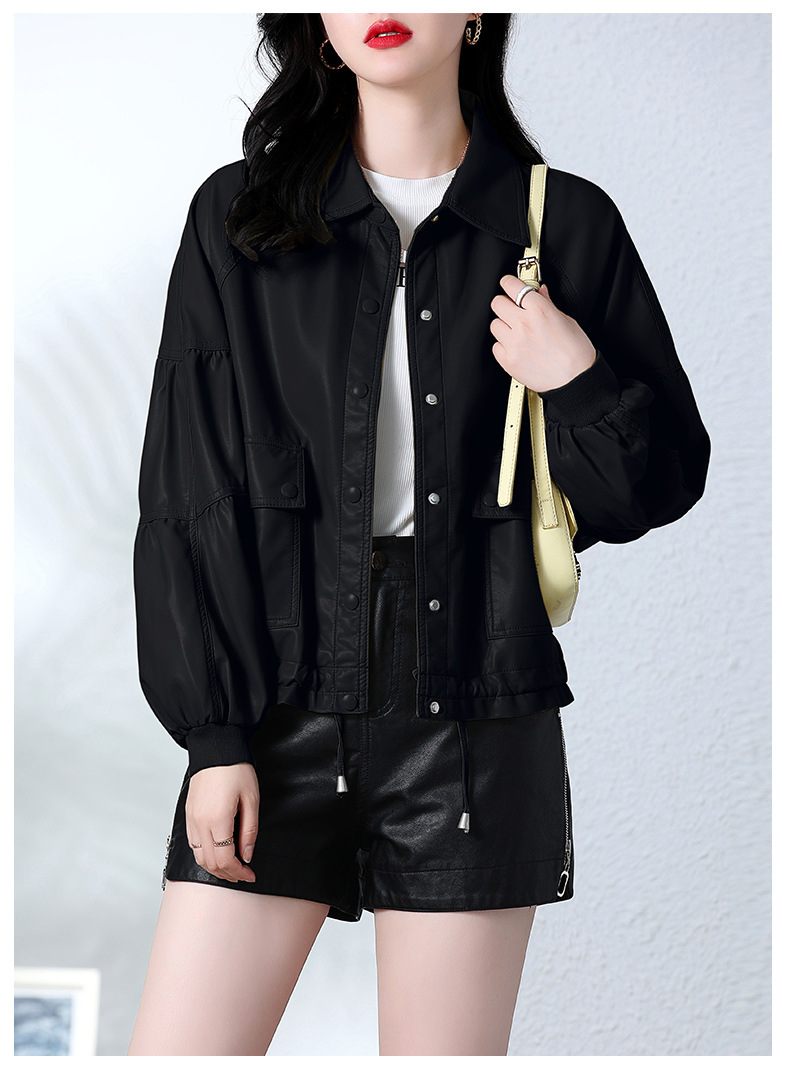 PU皮衣短款外套女纯色2022年新款复古机车小个子翻领休闲夹克详情26