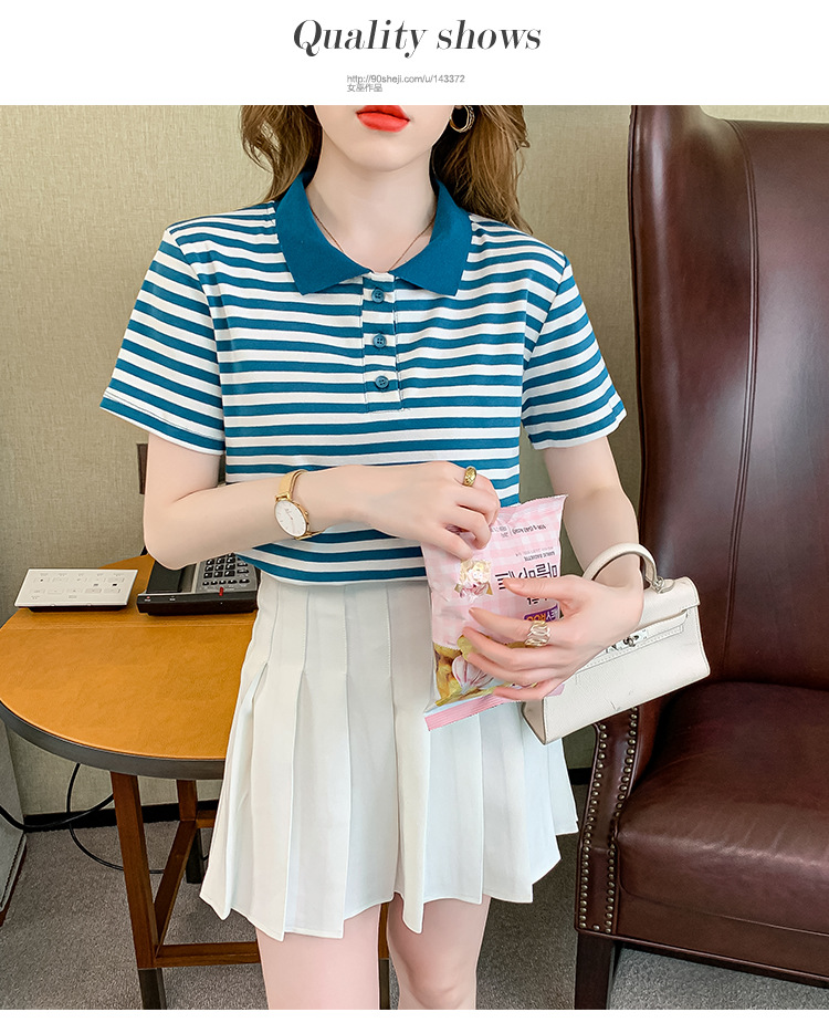 Verano coreano versión rayas mujer commuter patchwork color polo cuello manga corta camiseta mujer diseño sentido moda legging pic 11