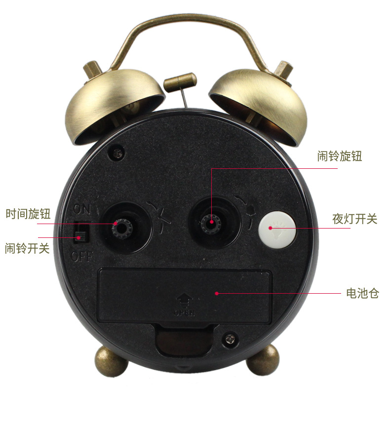 A super-loud, retro circular convex bell alarm clock for children, students, home, bedside, silent night light clock pic 10
