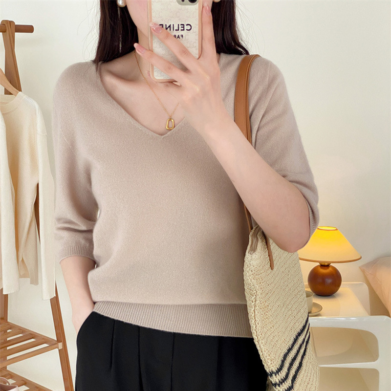 V-neck full wool knitted sweater for slimming and elegant look, seven-inch sleeve pullover wool sweater, sweater top #23127 pic 17