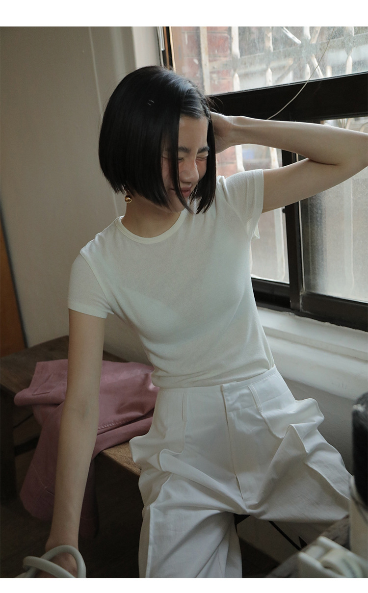 Simple and comfortable, zero-pressure, skin-friendly Tencel wool drape T-shirt, round-neck slim short-sleeved top 00113 pic 30
