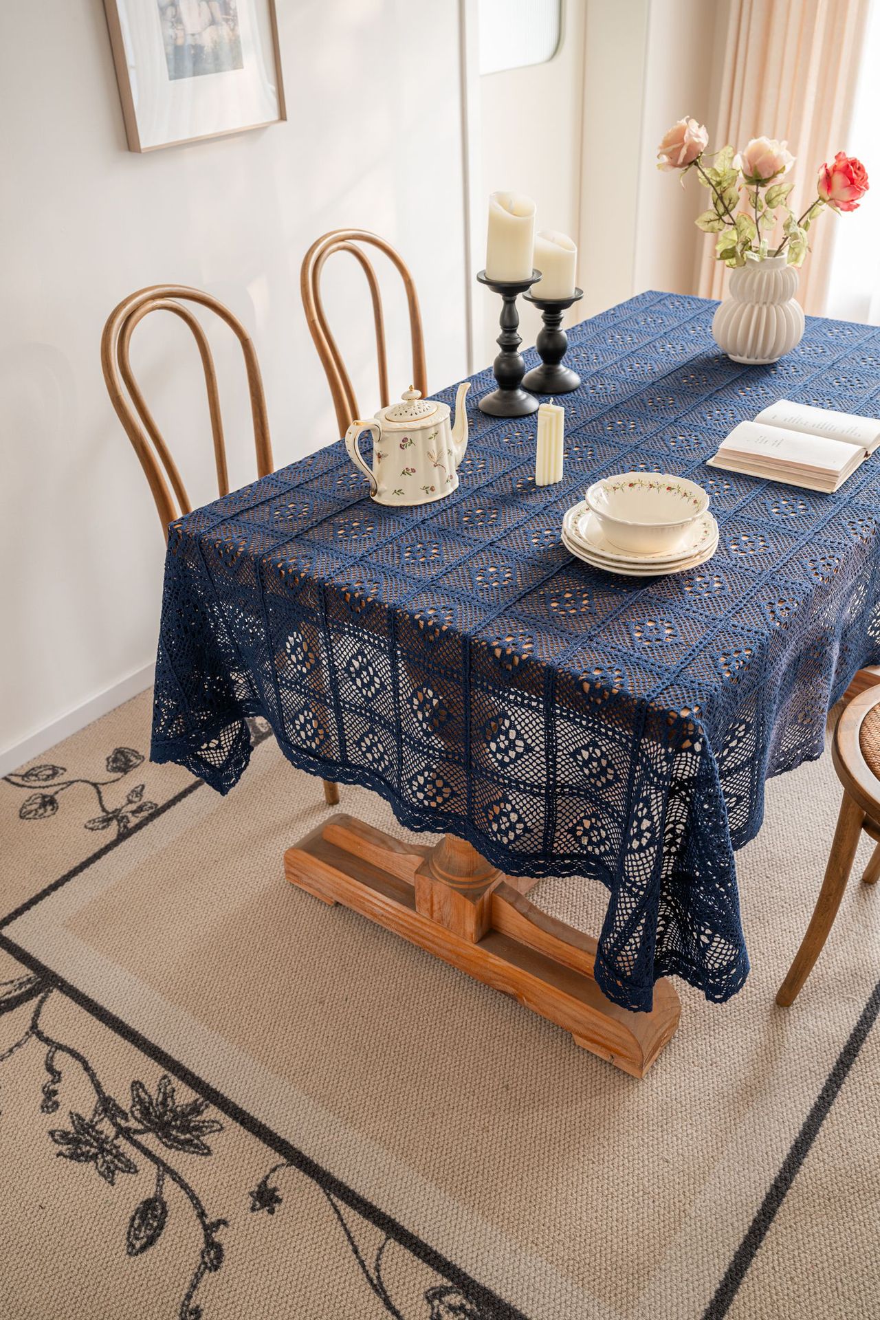 Cross-border hollowed-out hidden deep blue tablecloth, retro crochet photo art book, personalized cotton thread woven tablecloth cover pic 17