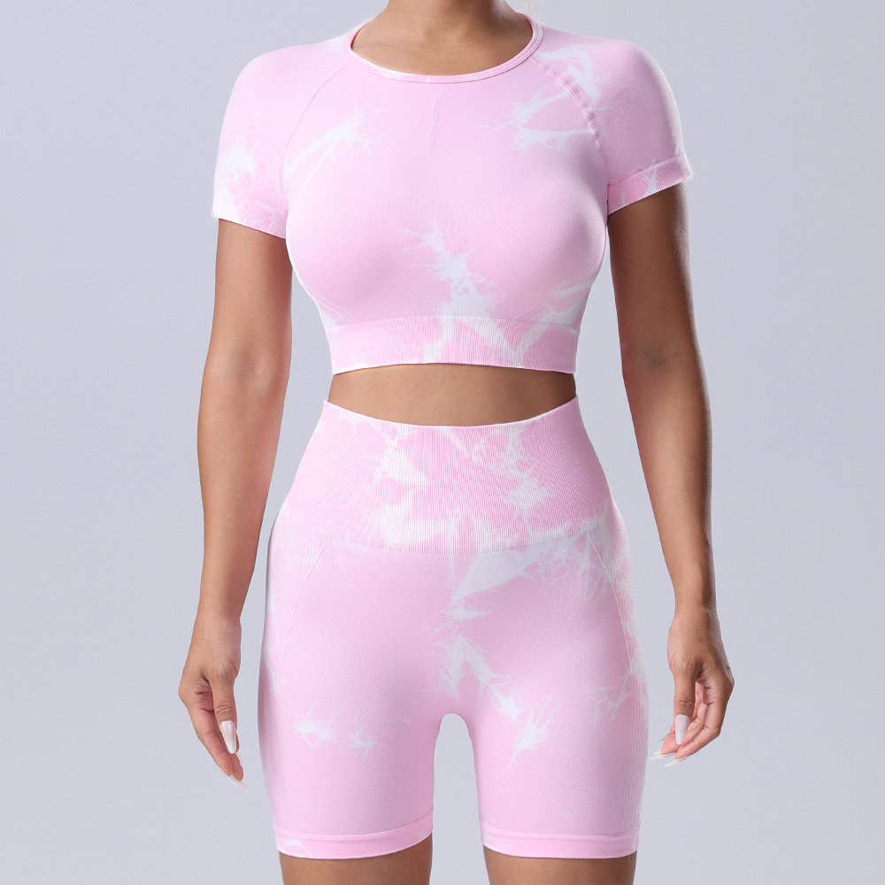 欧美跨境新品扎染瑜伽服套装提臀速干运动健身扎染短袖短裤两件套详情6