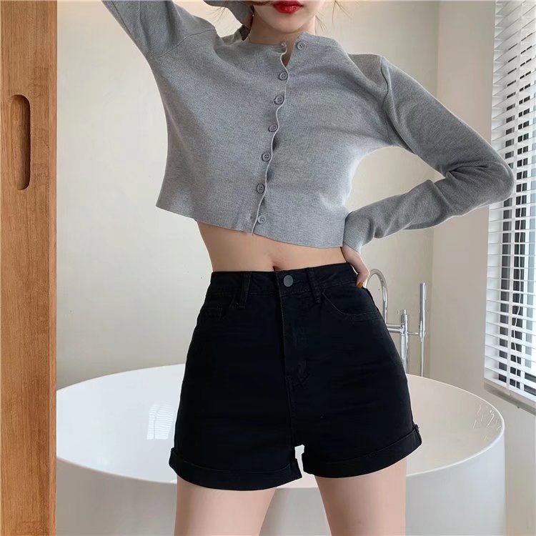 Wholesale of slim Hyuna style versatile rolled-up hot pants for women, high-waisted, light-colored tight denim shorts pic 45