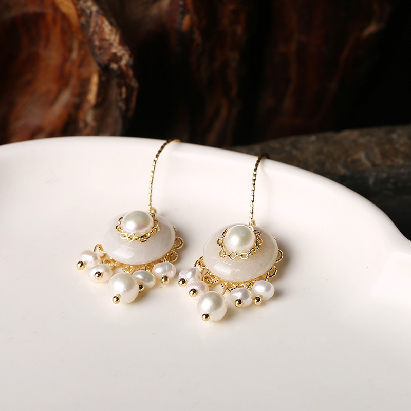 Jade Peace Pendant earrings, 14k gold inlaid, handcrafted natural pearl long tassel earrings, elegant and versatile earrings for women pic 10
