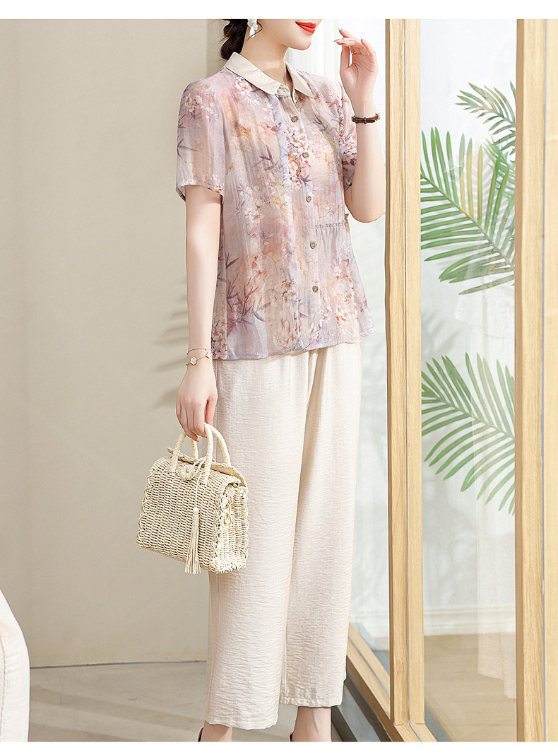 中年妈妈夏装棉麻套装洋气2024新款中老年女夏季短袖衬衫上衣薄款详情44