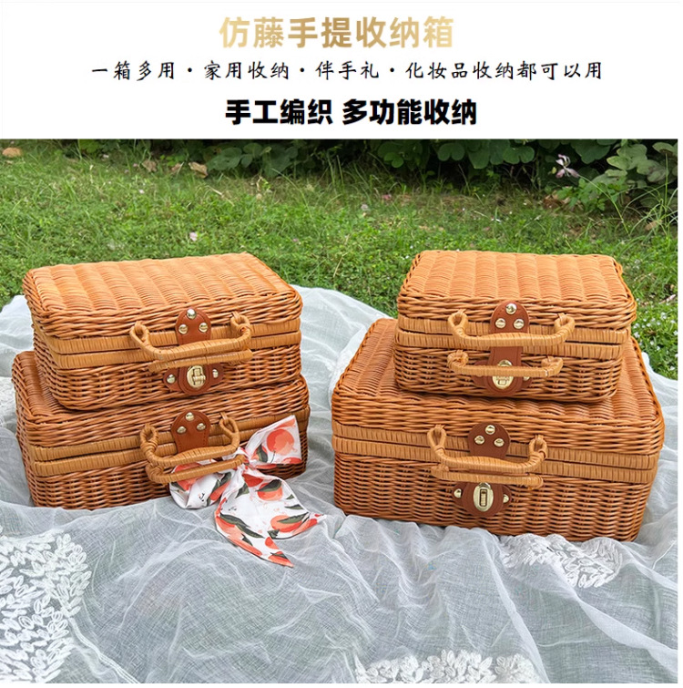 批发仿藤手提收纳箱复古装饰礼物箱伴娘结婚手工编织篮婚礼装饰篮详情1