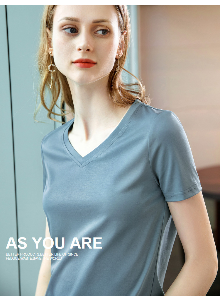 冰感丝光棉短袖t恤女2024新款女装气质v领纯棉体恤纯色高级感上衣详情29