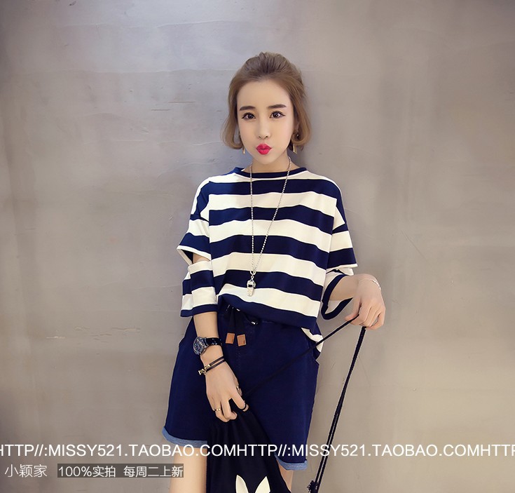 Korean-style slimming striped loose and versatile pullover, round-neck open-top 5-quarter sleeve T-shirt pic 4