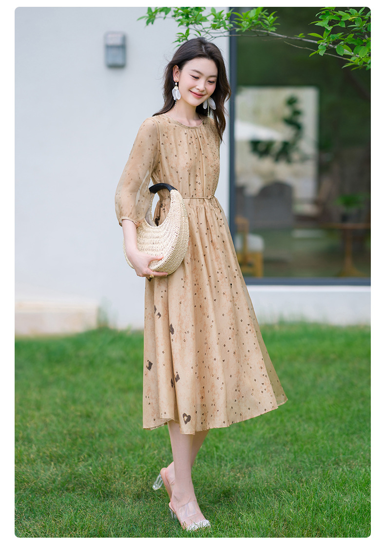 荣太设计师定染黑桃印花真丝连衣裙女拼接欧根纱桑蚕丝裙子系带详情21