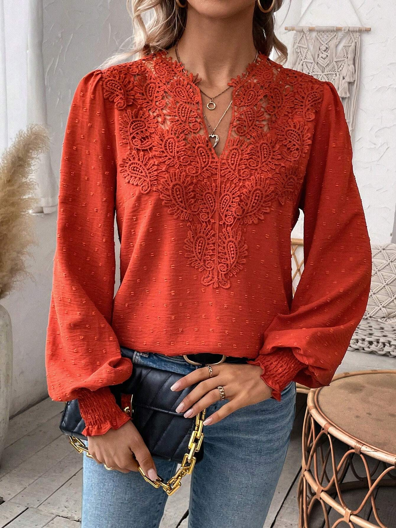 The new autumn and winter fashion V-neck lace solid color long-sleeved casual T-shirt for women on Amazon Cross-border in Europe and America in 2024 pic 12