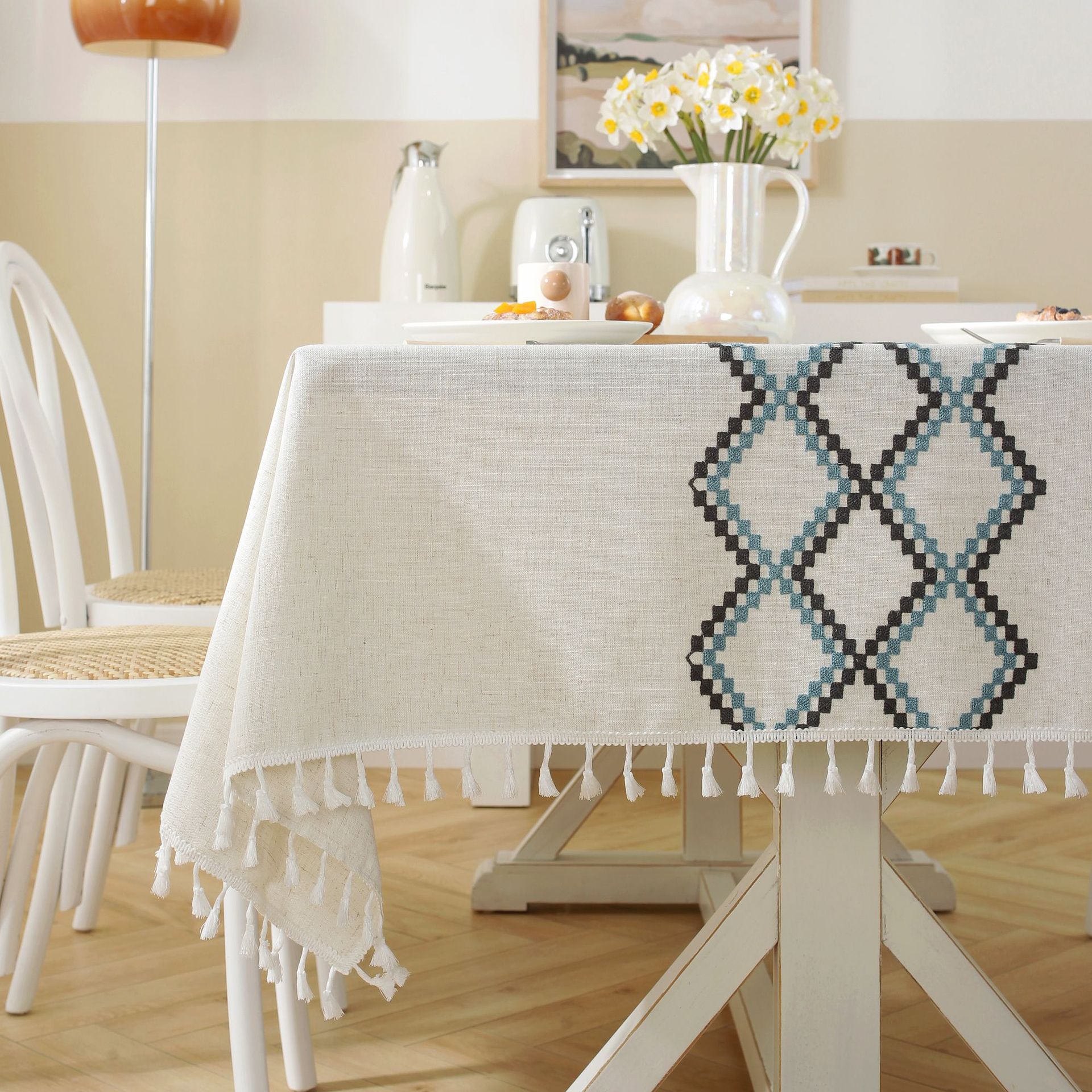 New linen embroidered cross tablecloth, solid color tablecloth, coffee table pad, cotton and linen decorative table, ins style bestseller, rectangular pic 3