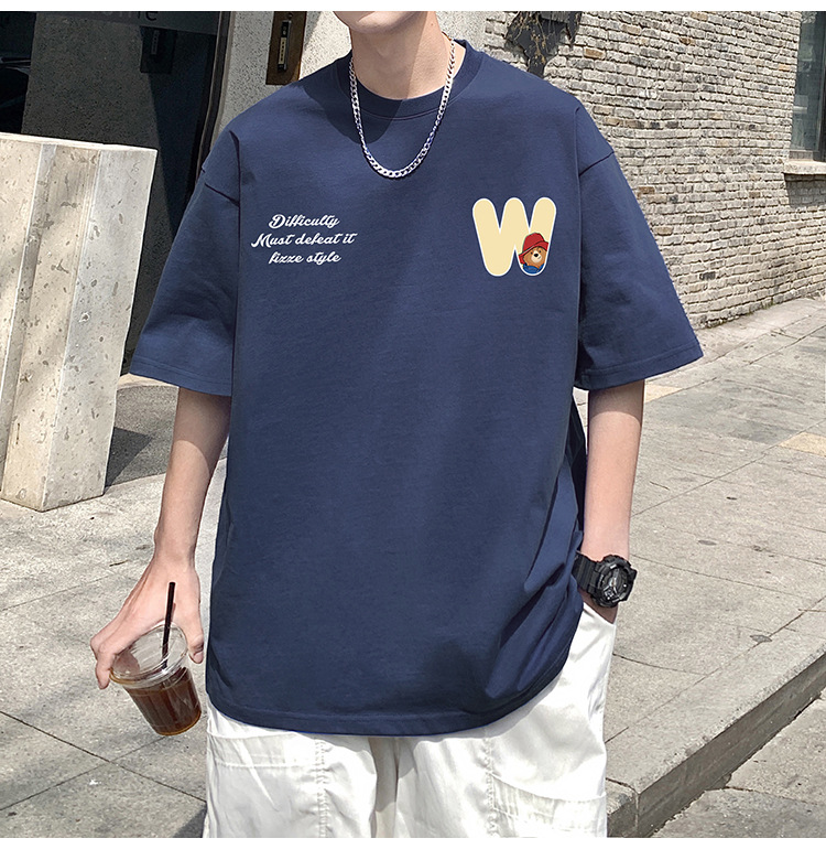 Camiseta de manga corta de estilo americano de algodón pesado hombre verano 2024 nuevo oso estampado estado de moda puerto estilo chico camiseta pic 12