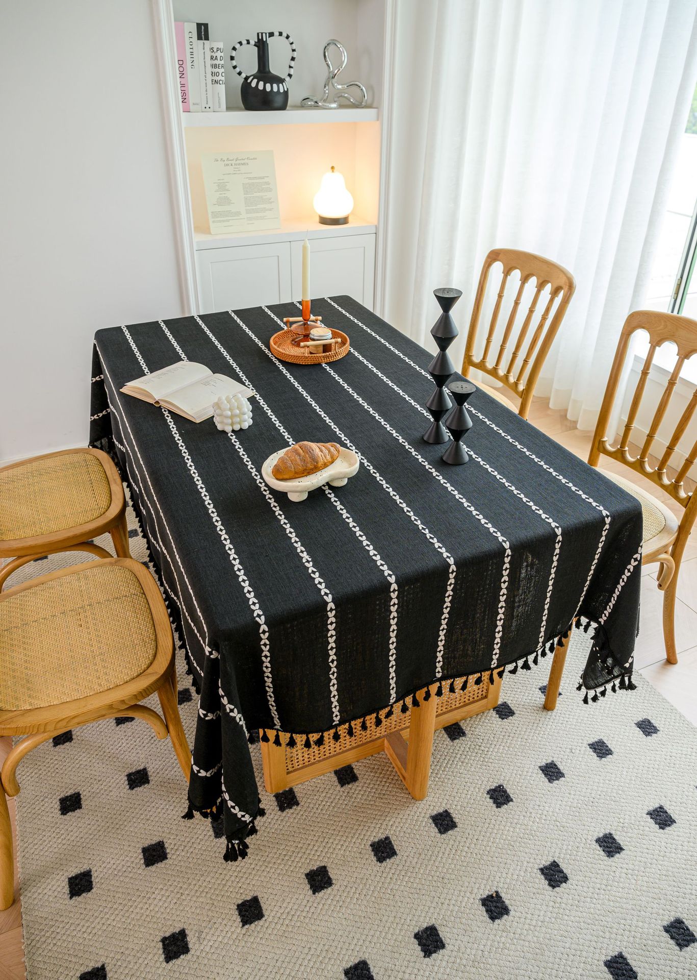 Cross-border three-dimensional embroidered striped tablecloth, popular black solid color, white cotton and linen tablecloth cover, fabric outdoor party pic 24