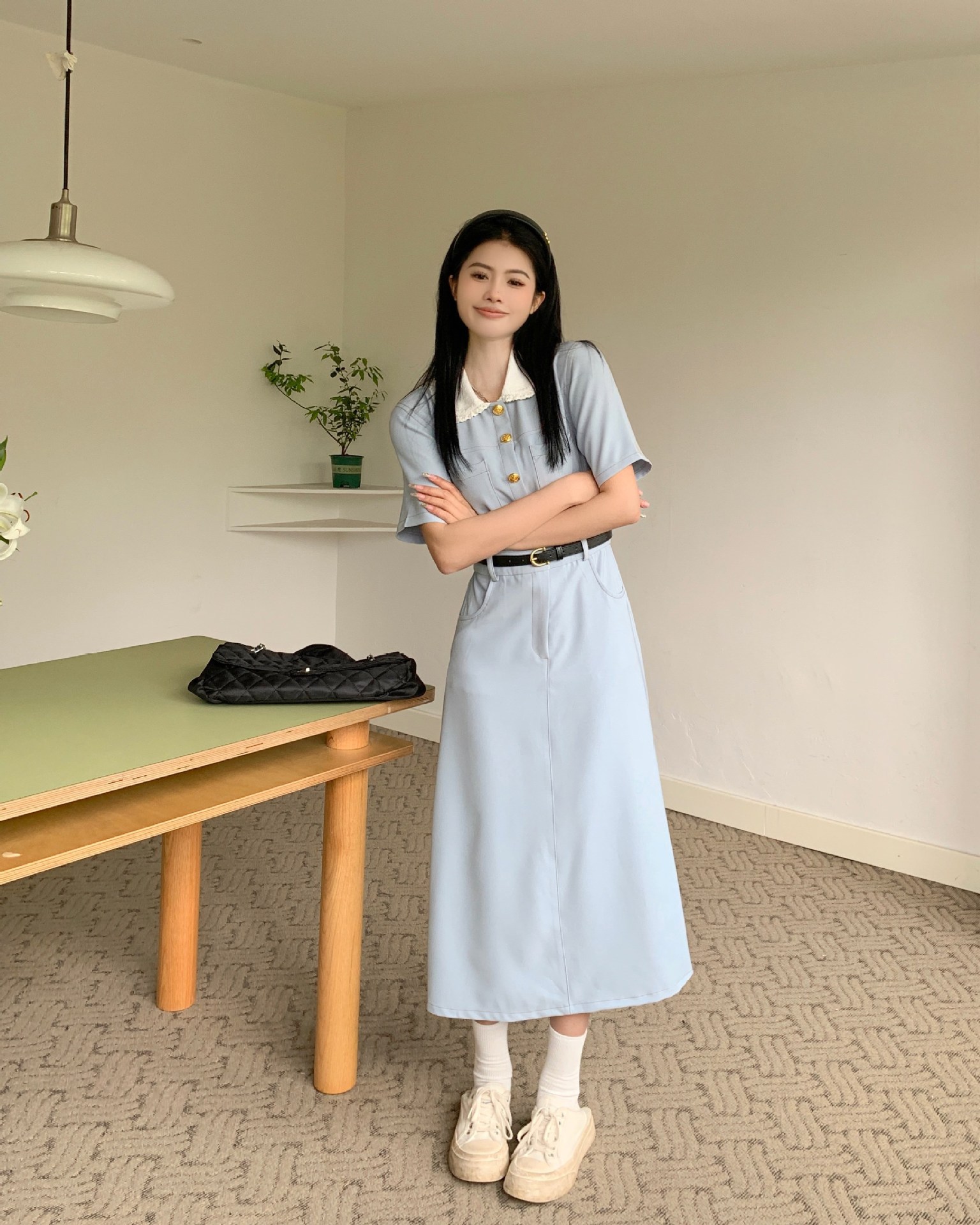大码女装胖mm百搭娃娃领连衣裙2023夏季新款休闲收腰韩版高级裙子详情7