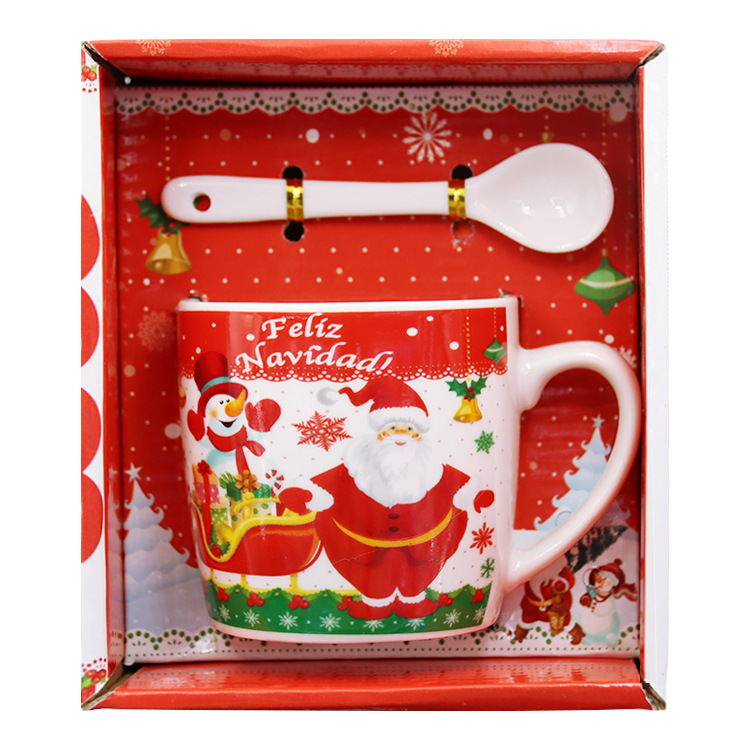 Spanish Christmas ceramic cup gift box packaging mug, coffee cup, water cup, milk cup with spoon, guest logo pic 1