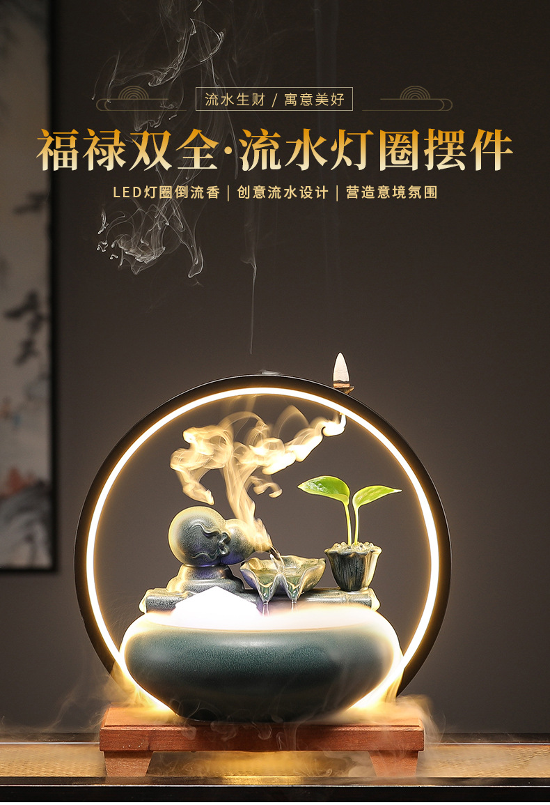 新中式招财流水摆件陶瓷小型桌面客厅茶桌办公室装饰品循环水景观详情1
