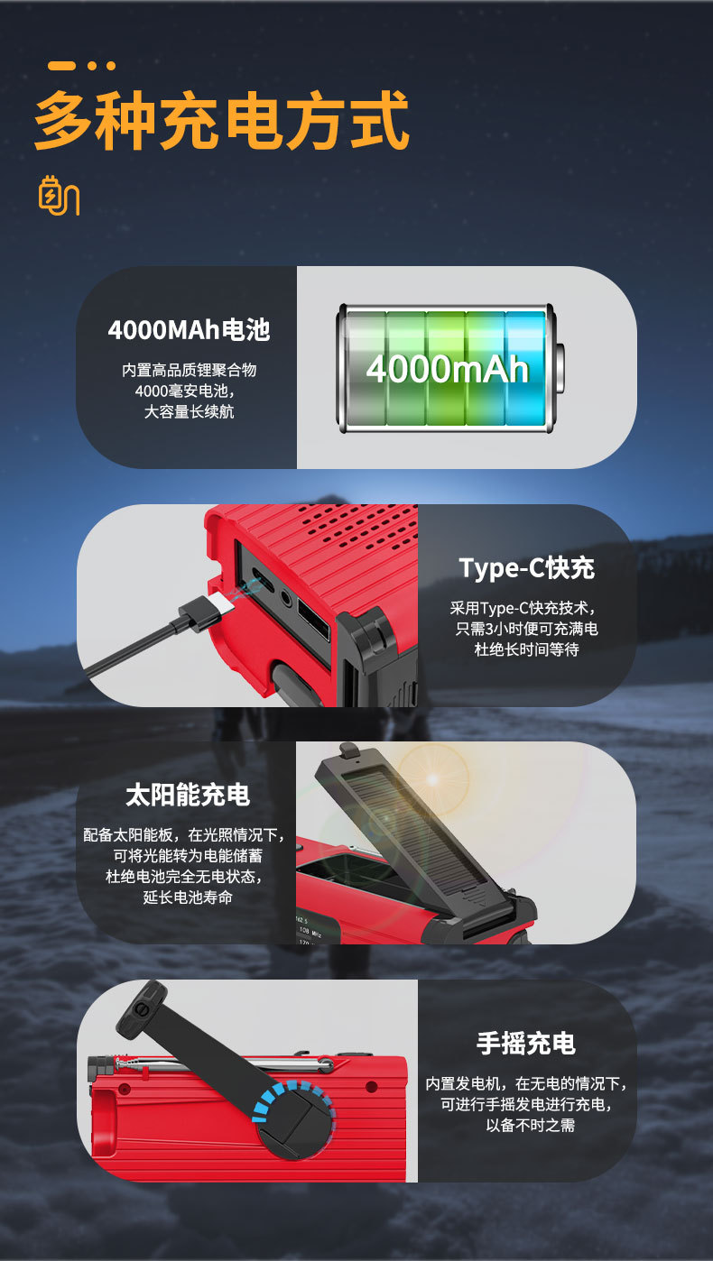 跨境23多功能FMAM太阳能手摇充电手机应急收音充电照明防灾收音机详情6
