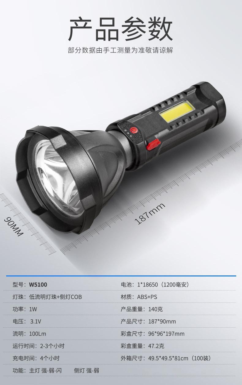 新款LED手电筒COB户外野营USB充电带侧灯电显塑料聚光远射小手电 pic 2