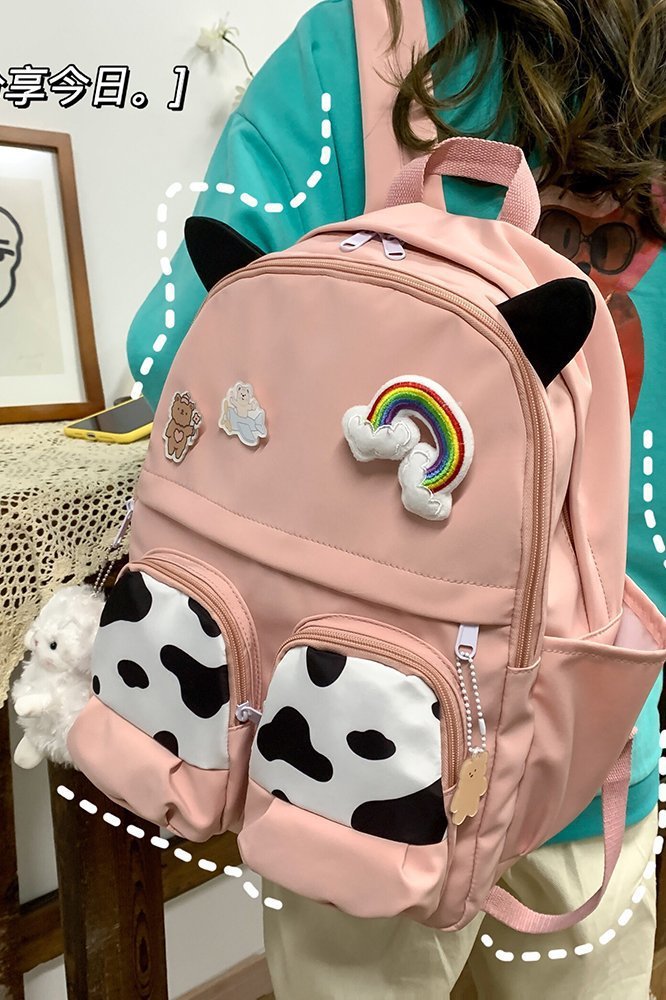 Japanese-style ins campus school style, fresh and cute, cute cow with earbuds, soft girl schoolbag, funny student backpack pic 44