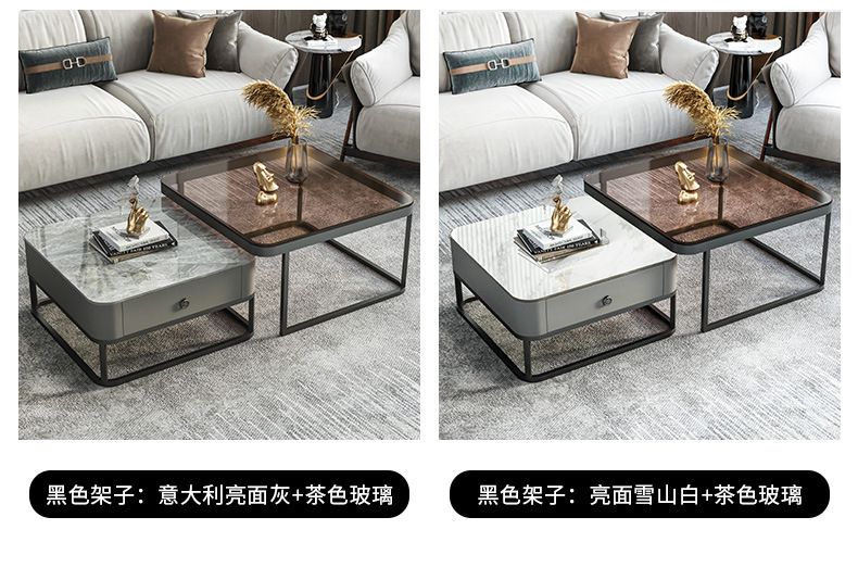 Light luxury and simple glass bright coffee table, square-sized combination, extendable coffee table, Italian-style small apartment rock plate tea table pic 18