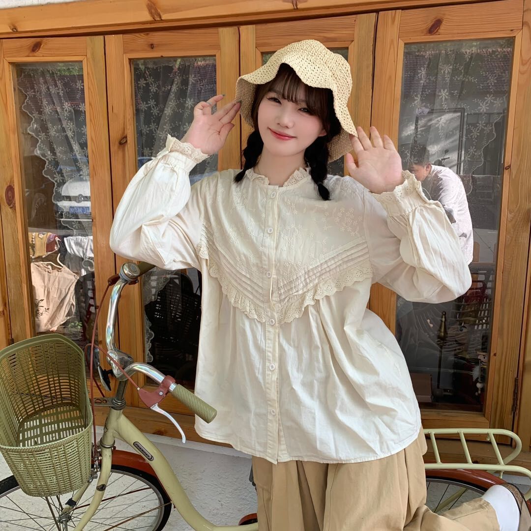 Embroidered shirt 2023 early autumn new style, fresh and simple lace trim top, sweet long-sleeved base layer for women 8326 pic 1