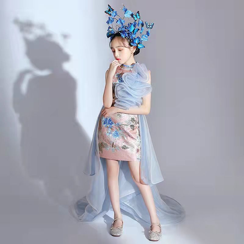 女童旗袍国潮改良夏季主持人儿童模特走秀T台潮装演出服国风礼服详情9