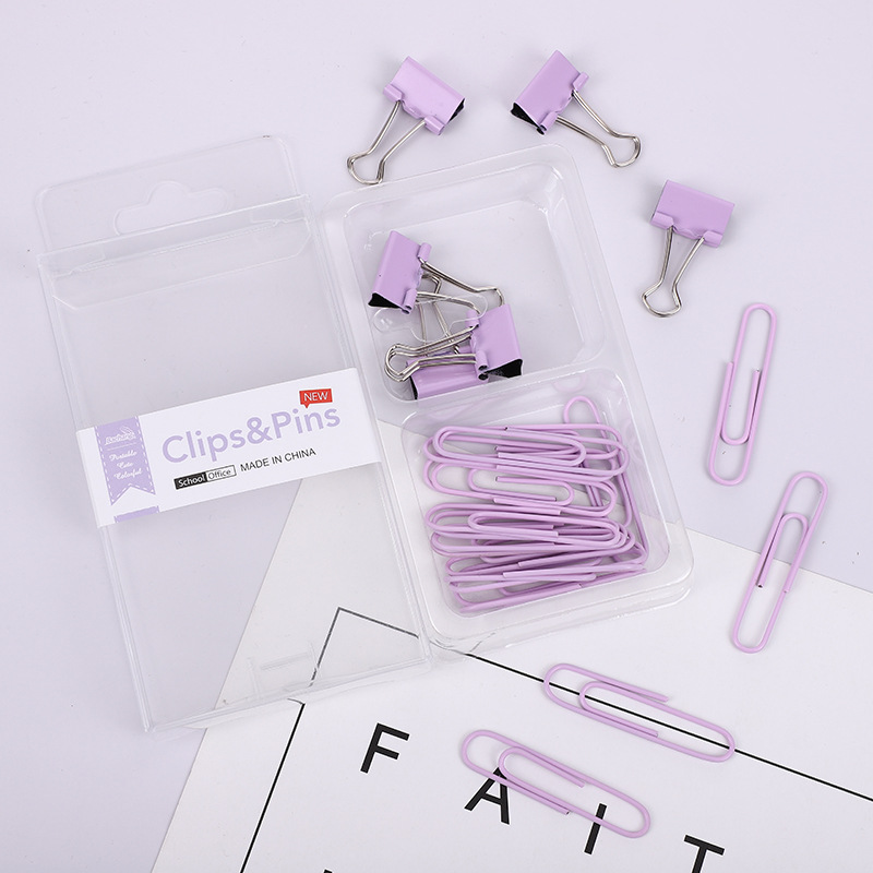 Cross-border 2-in-1 office combo set, macaron-colored large and small paper clip, ticket holder, thumbtack, swallowtail clip, box set pic 10