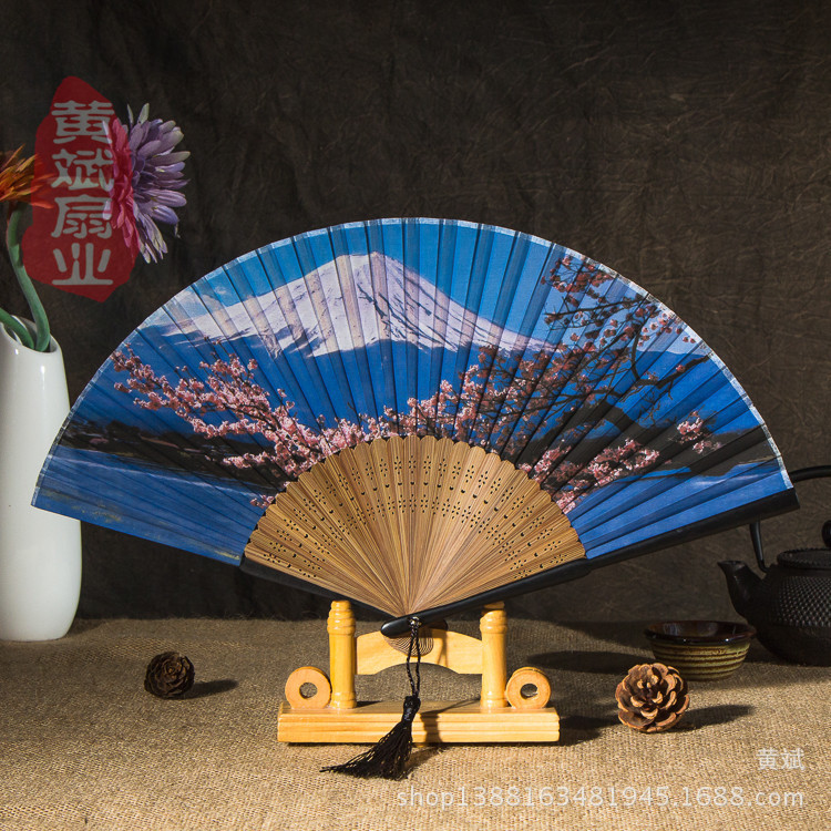 哑光漆边真丝娟面日式和风江户日本竹柄折扇 富士山系列和服扇子详情5