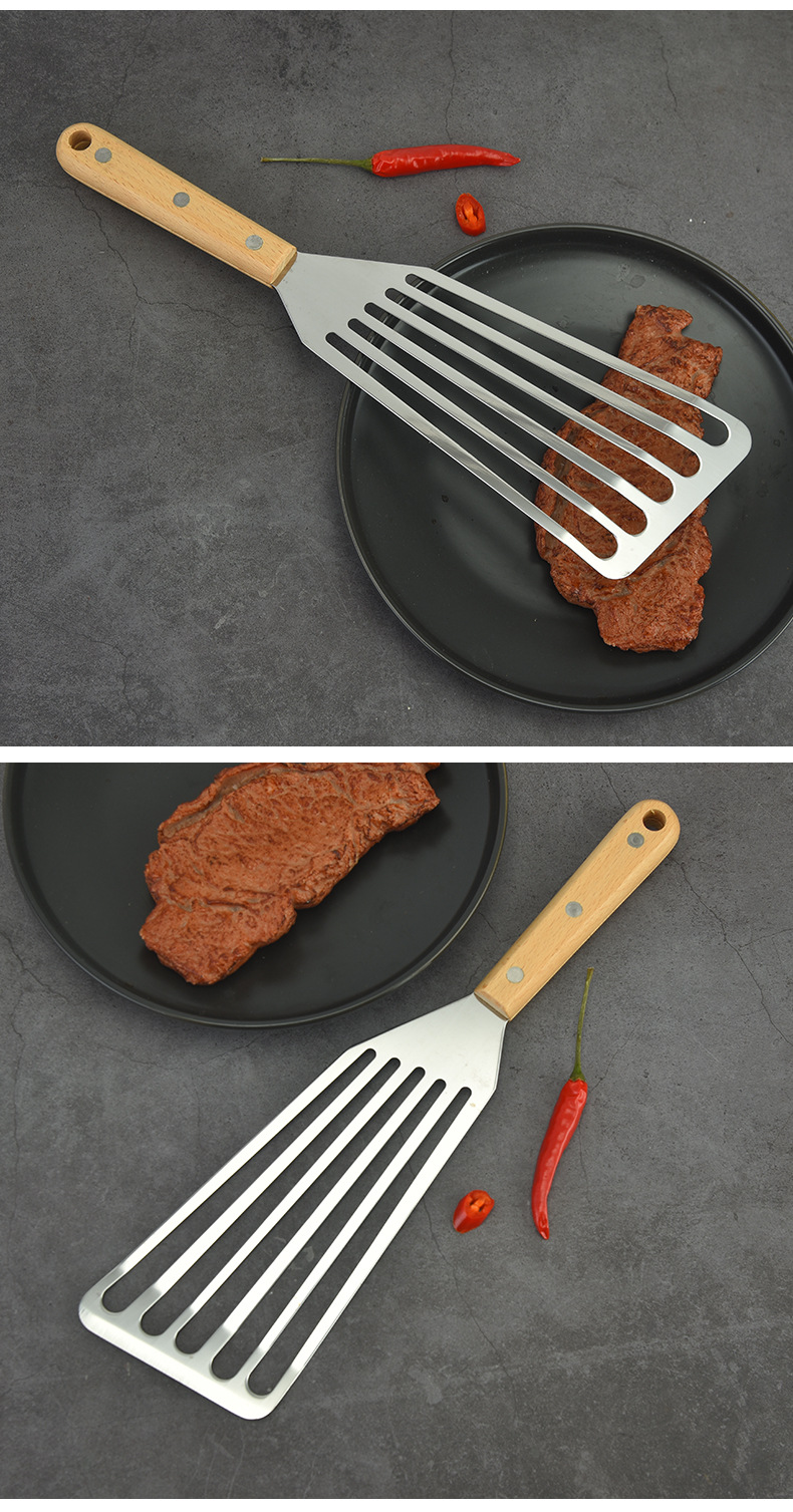 不锈钢煎鱼铲牛扒锅铲家用煎炒漏铲木柄塑料料理铲烹饪铲厨房工具详情10