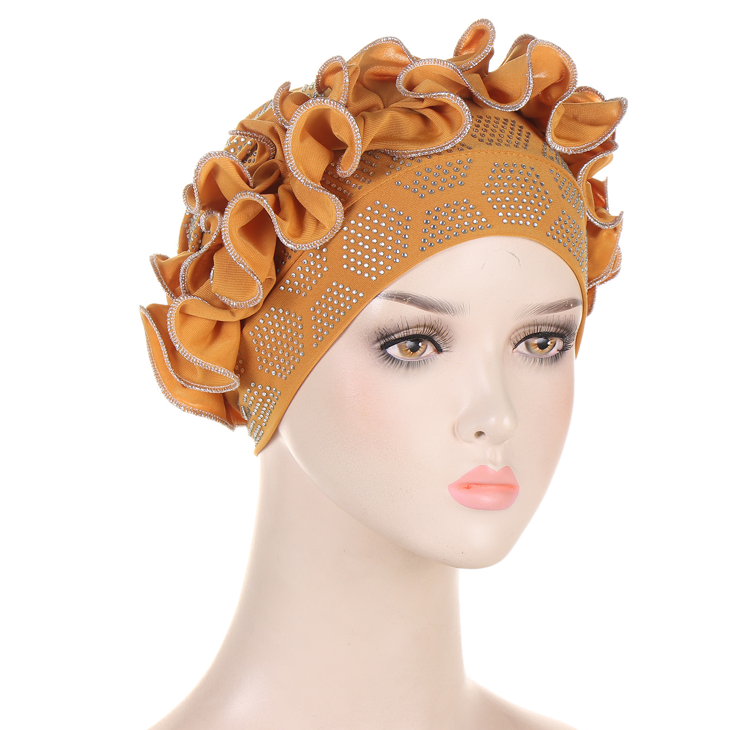 欧美 跨境新款纯色烫钻花边盘额头满帽钻头巾帽现货详情8