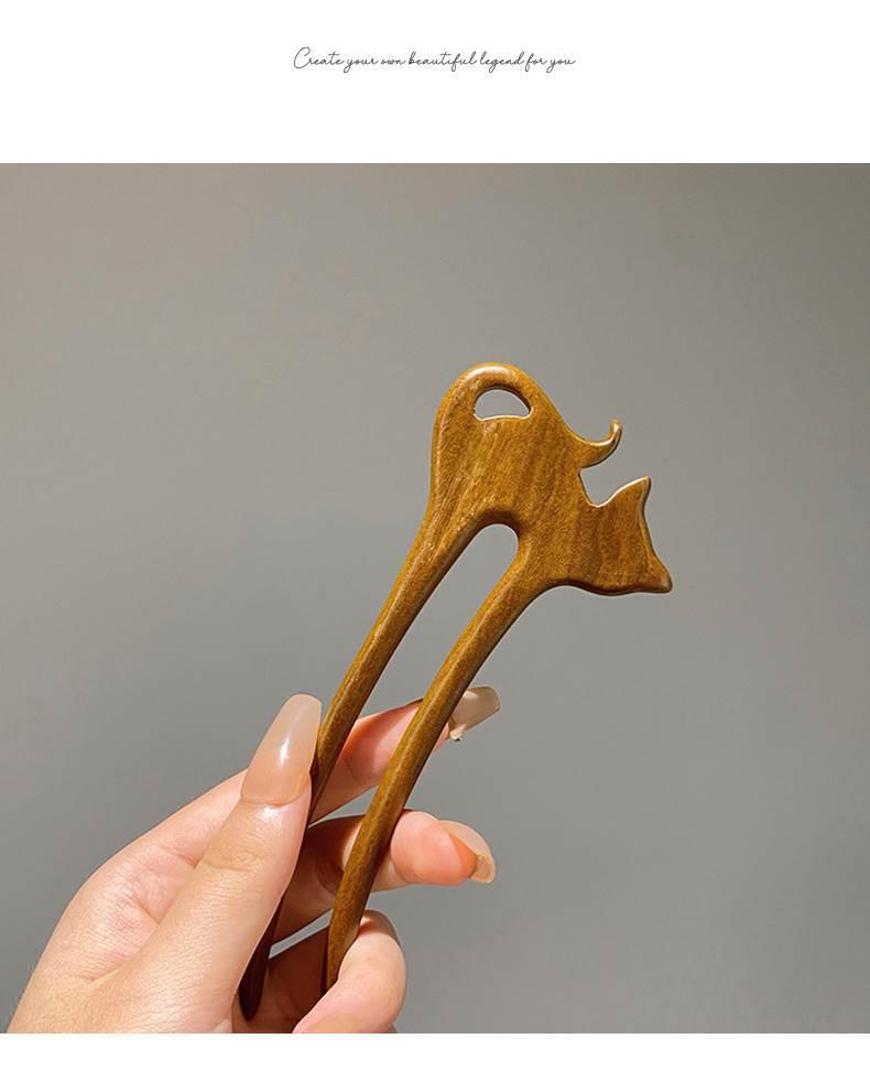 国风国潮可爱猫咪发簪女古风新中式木质发张簪子u型发钗檀木小众木簪头饰详情10