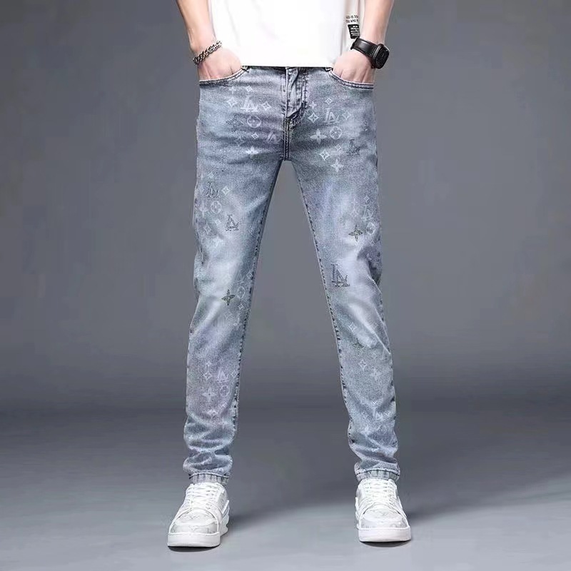 2024 Summer thin, high-end printed, embossed and diamond-encrusted jeans for men, slimming Korean style, versatile, elastic and casual long pants for men pic 2