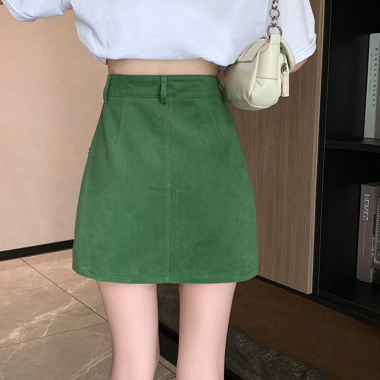 实拍视频小个子绿色半身裙女ins2023秋季新款高腰包臀a字裙短裙子详情8