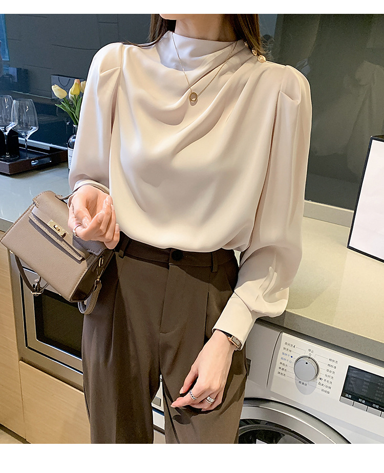 外贸供货2023轻熟气质立领褶皱灯笼袖时尚长袖上衣宽松女士衬衫详情30