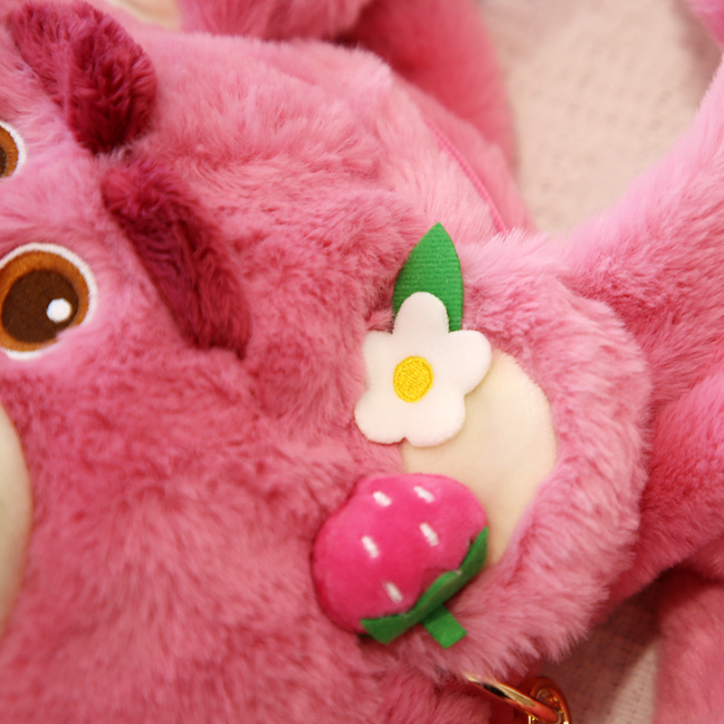 2022 nuevo strawberry bear toy story strawberry bear pack frambuesa ojos abiertos risa peluche crossbody bolso de mano doble uso pic 9