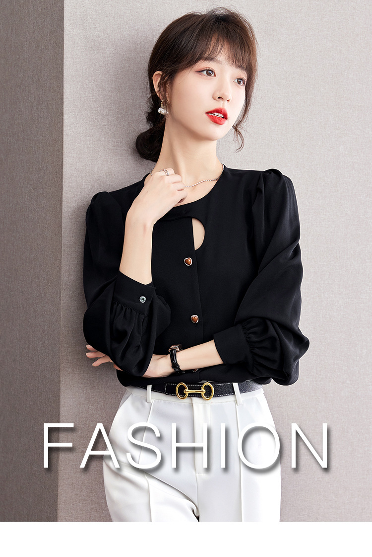 法式小众复古镂空衬衫女2024年春秋季新款不规则设计感泡泡袖上衣详情1