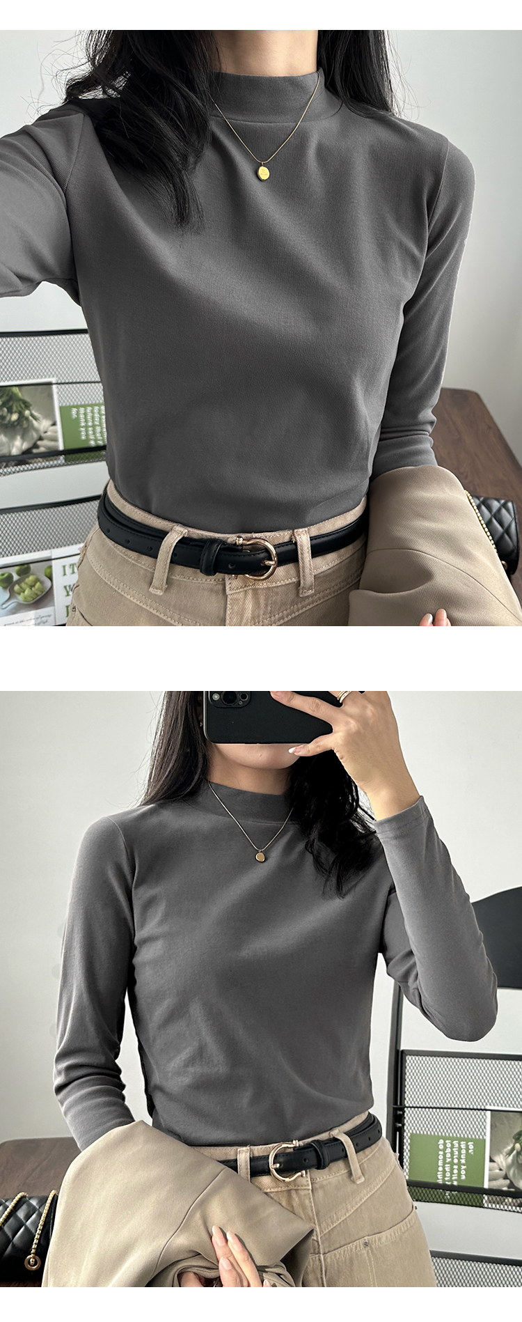 深灰色打底衫内搭小立领棉长袖t恤女黑色半高领初秋早秋上衣女潮详情7