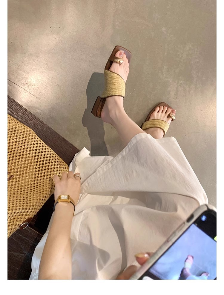 葡萄妈夏季新款度假风金属夹脚气质方头草编织套趾凉拖鞋女外穿详情36