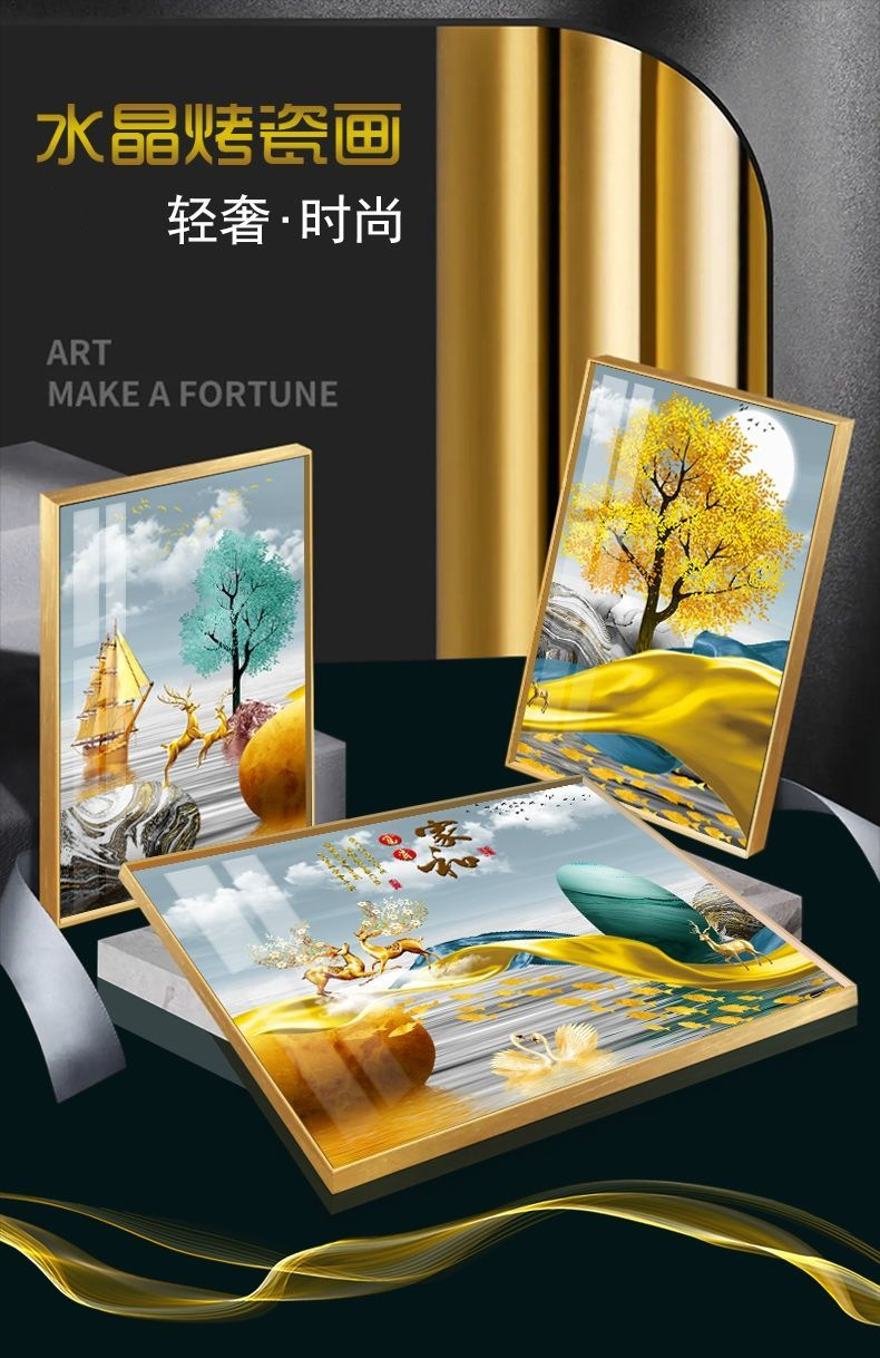 The living room is decorated with a three-panel painting, the bedroom has a sofa background, wall paintings, light luxury room hanging paintings, crystal porcelain paintings, and Nordic murals pic 1